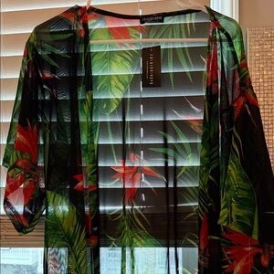 Fashion Nova Sheer Kimono with Red and Green Floral Design